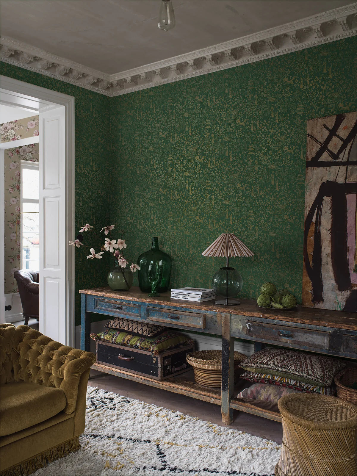 Non-woven paper wallpaper with a botanical pattern ORIENTAL GARDEN green with gold