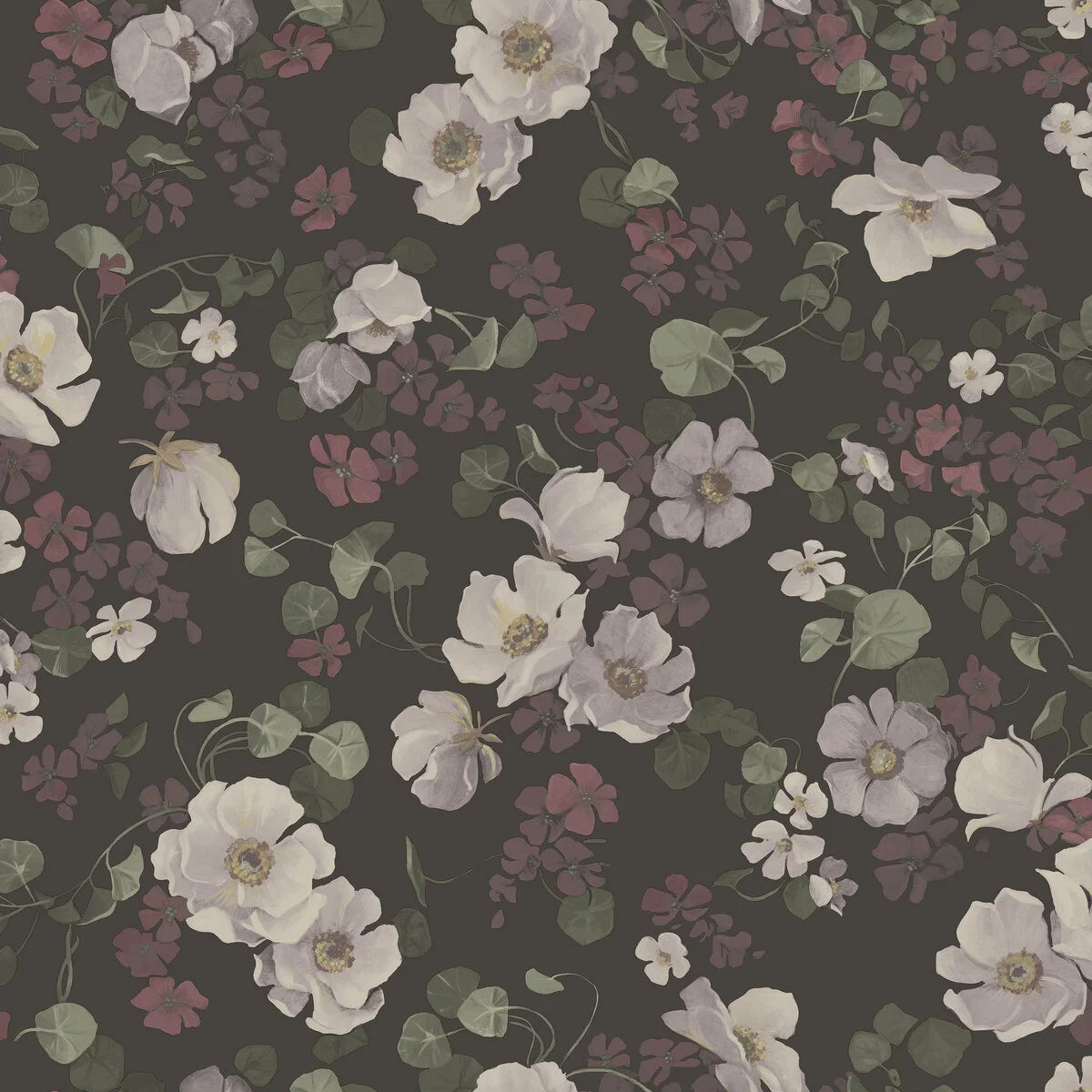 Non-woven paper wallpaper with an enchanting flower pattern in muted brown and white