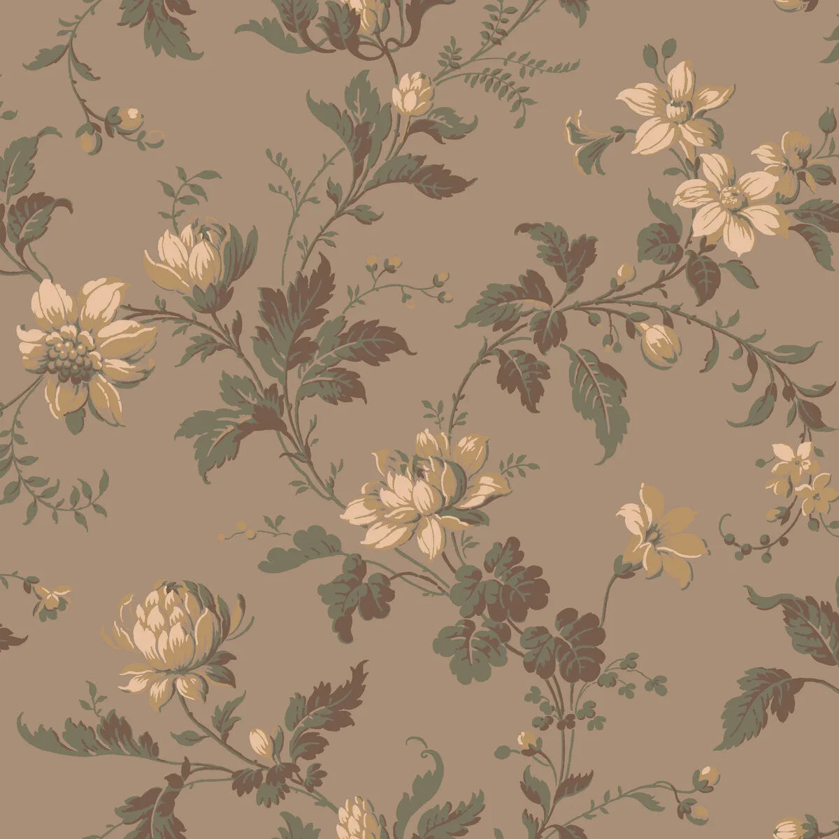 Non-woven paper wallpaper with a floral pattern BLOMSLINGA brown with beige