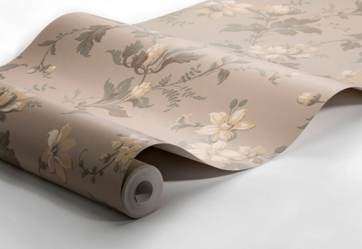 Non-woven paper wallpaper with a floral pattern BLOMSLINGA brown with beige