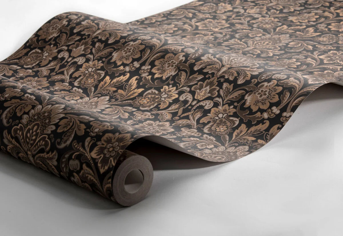 Tapeta flizelinowa papierowa z roślinnym wzorem FOGLAVIK brązowy z czarnym