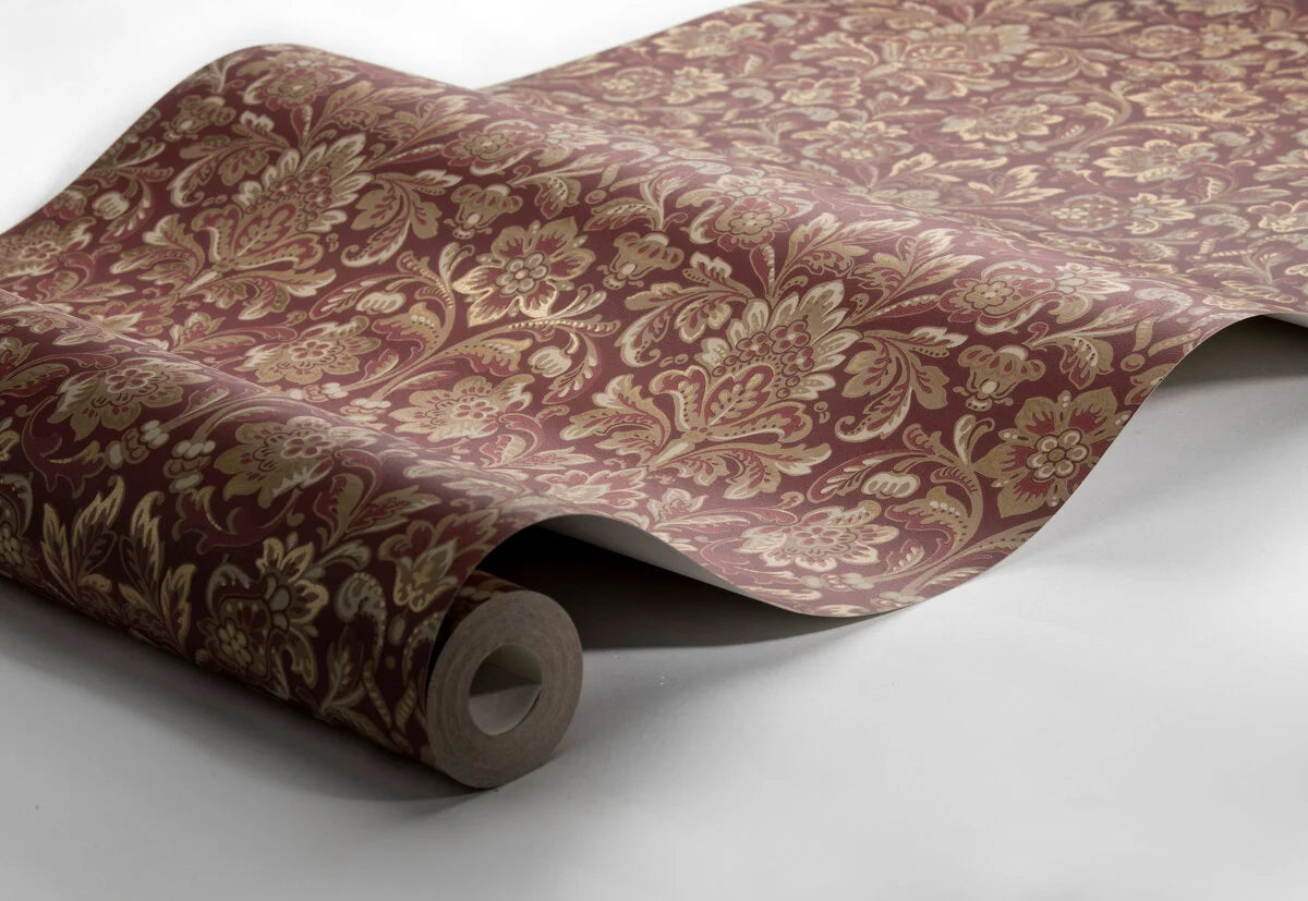 Non-woven paper wallpaper with a floral pattern FOGLAVIK burgundy with gold