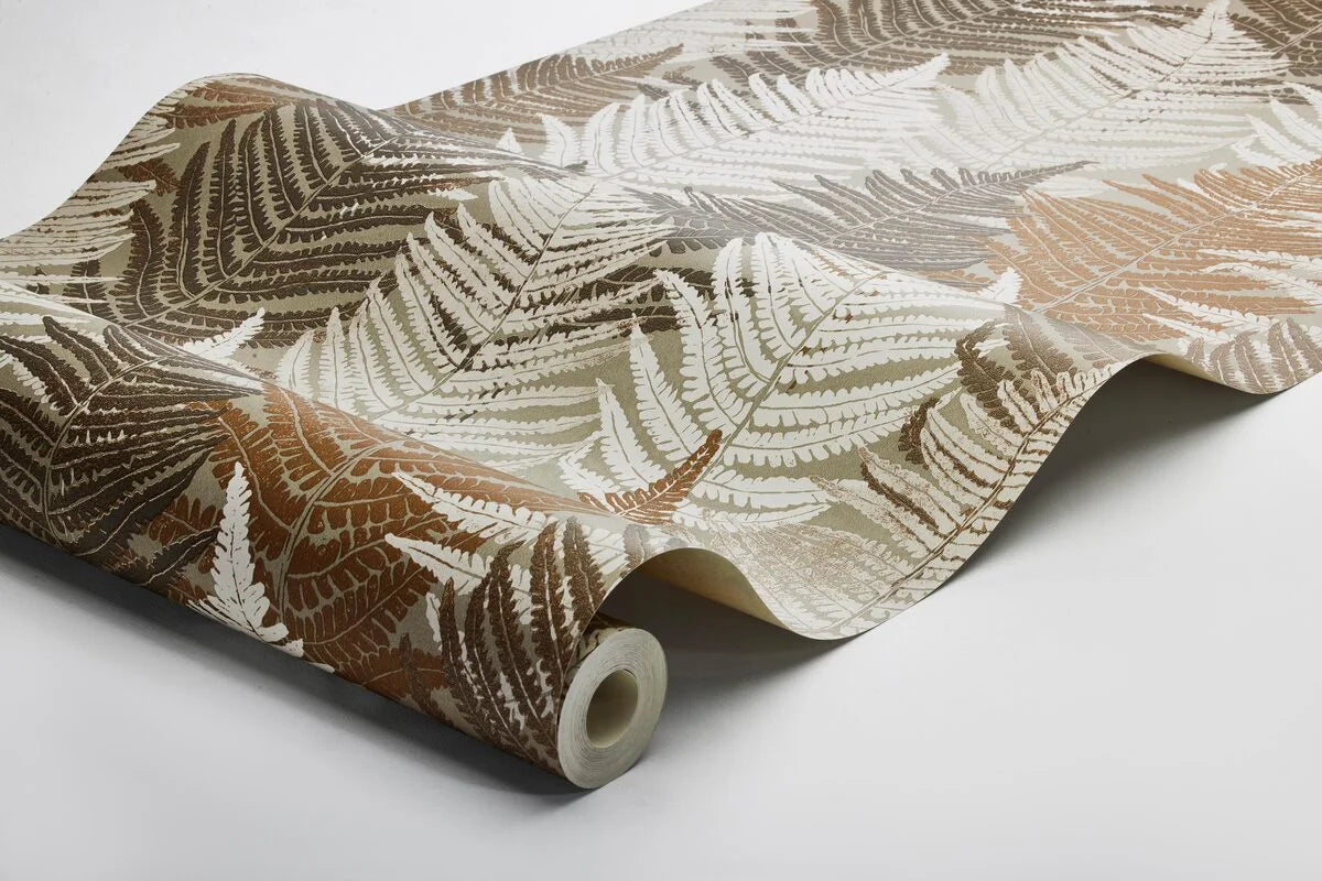 Tapeta z motywem roślinnym liści FERN FOREST brązowy z beżowym