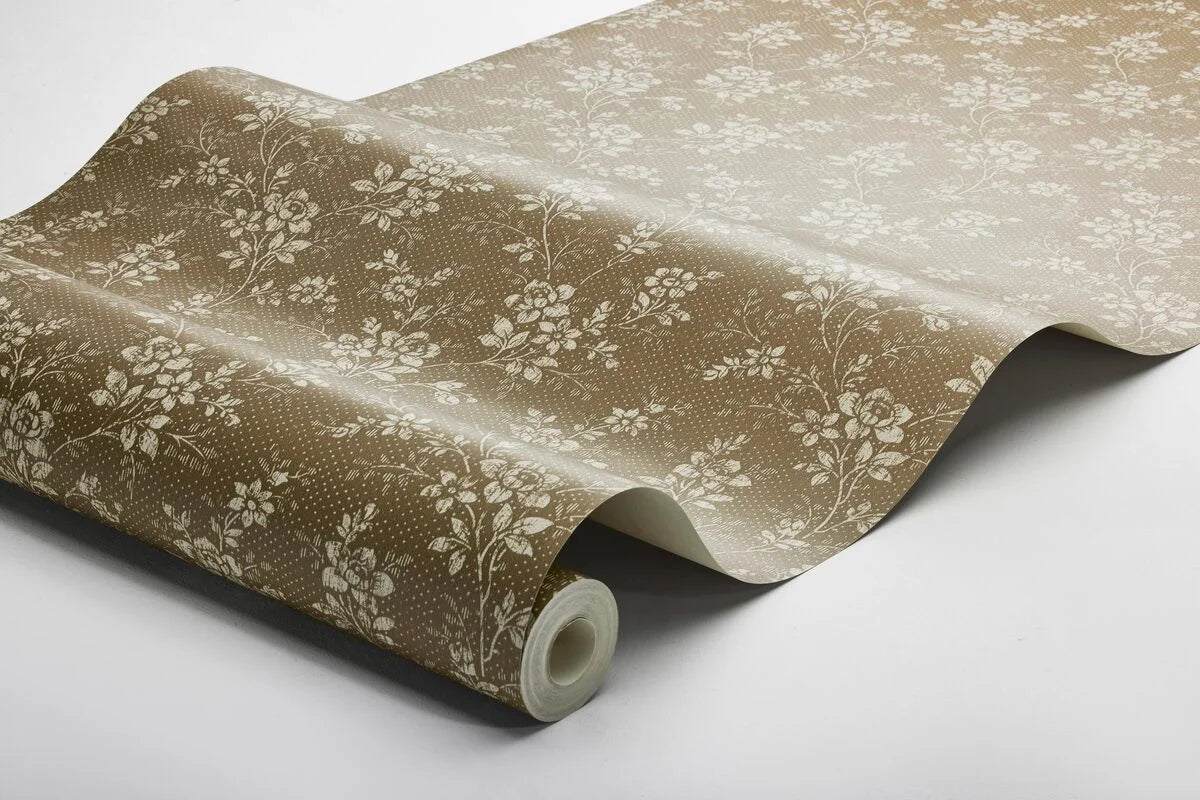 Tapeta z roślinnym wzorem kwiatów HIP ROSE ciemny brązowy z beżowym