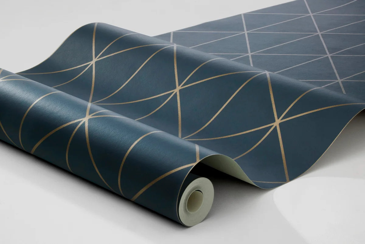 Tapeta flizelinowa papierowa z geometrycznym wzorem DIAMONDS granatowy ze złotym