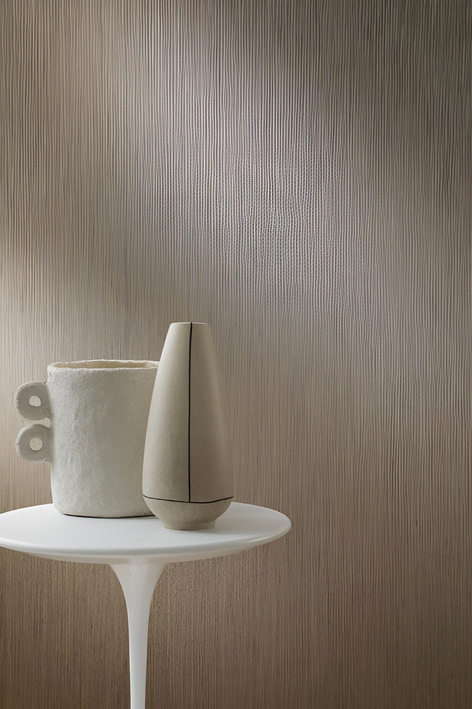 Textile wallpaper with structural vertical stripes JUSSIEU - LIN muted brown