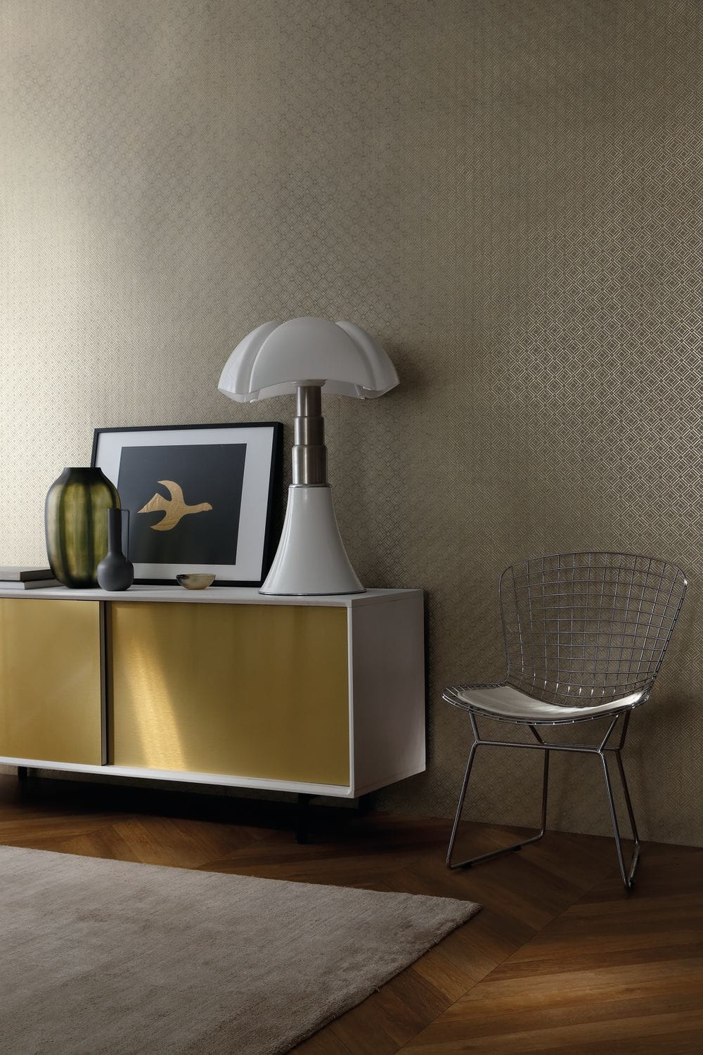 Tapeta metaliczna z geometrycznym wzorem KHEOPS - BLANC biały z brązowym