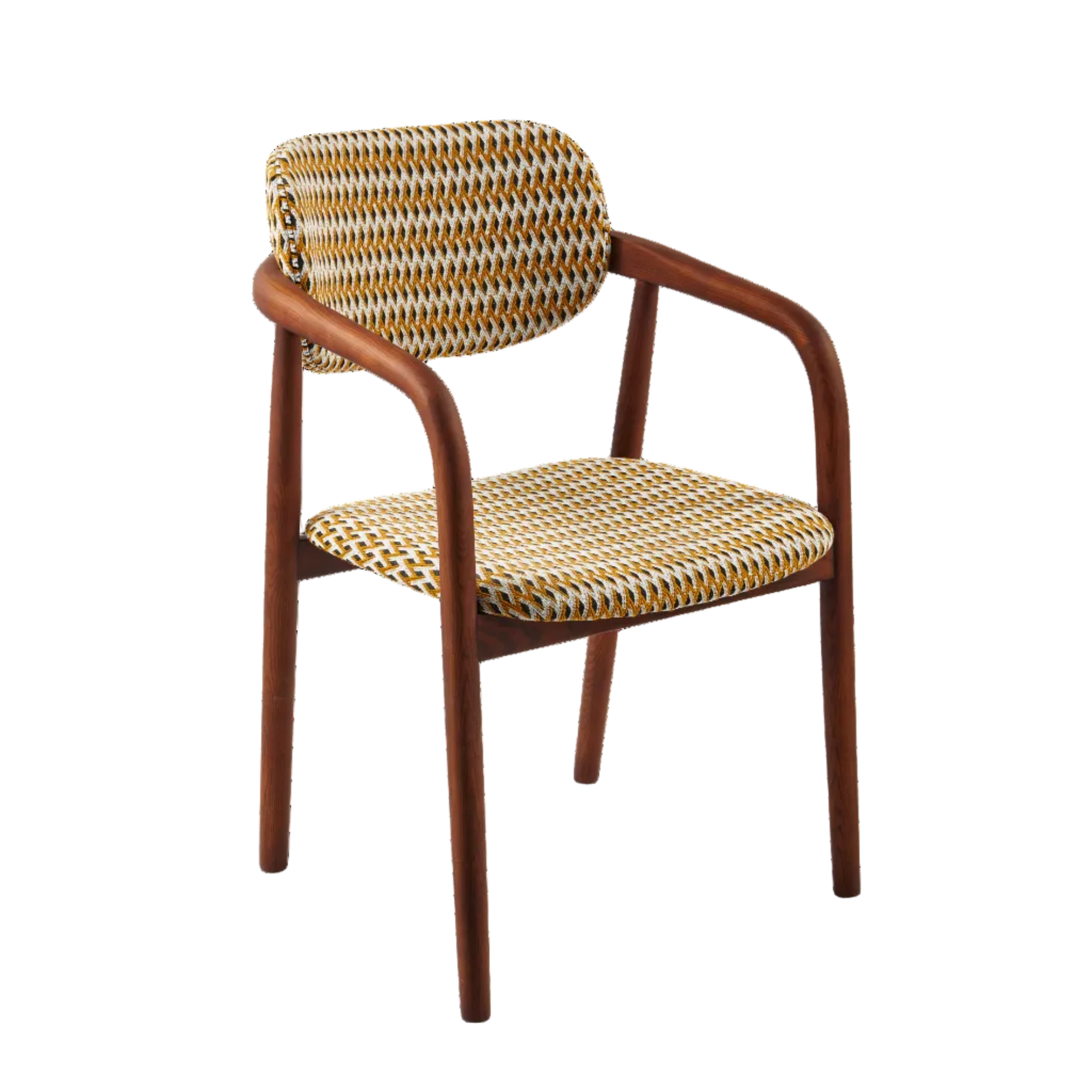 Krzesło z podłokietnikami HENRY orche w geometryczny wzór z drewnianą podstawą