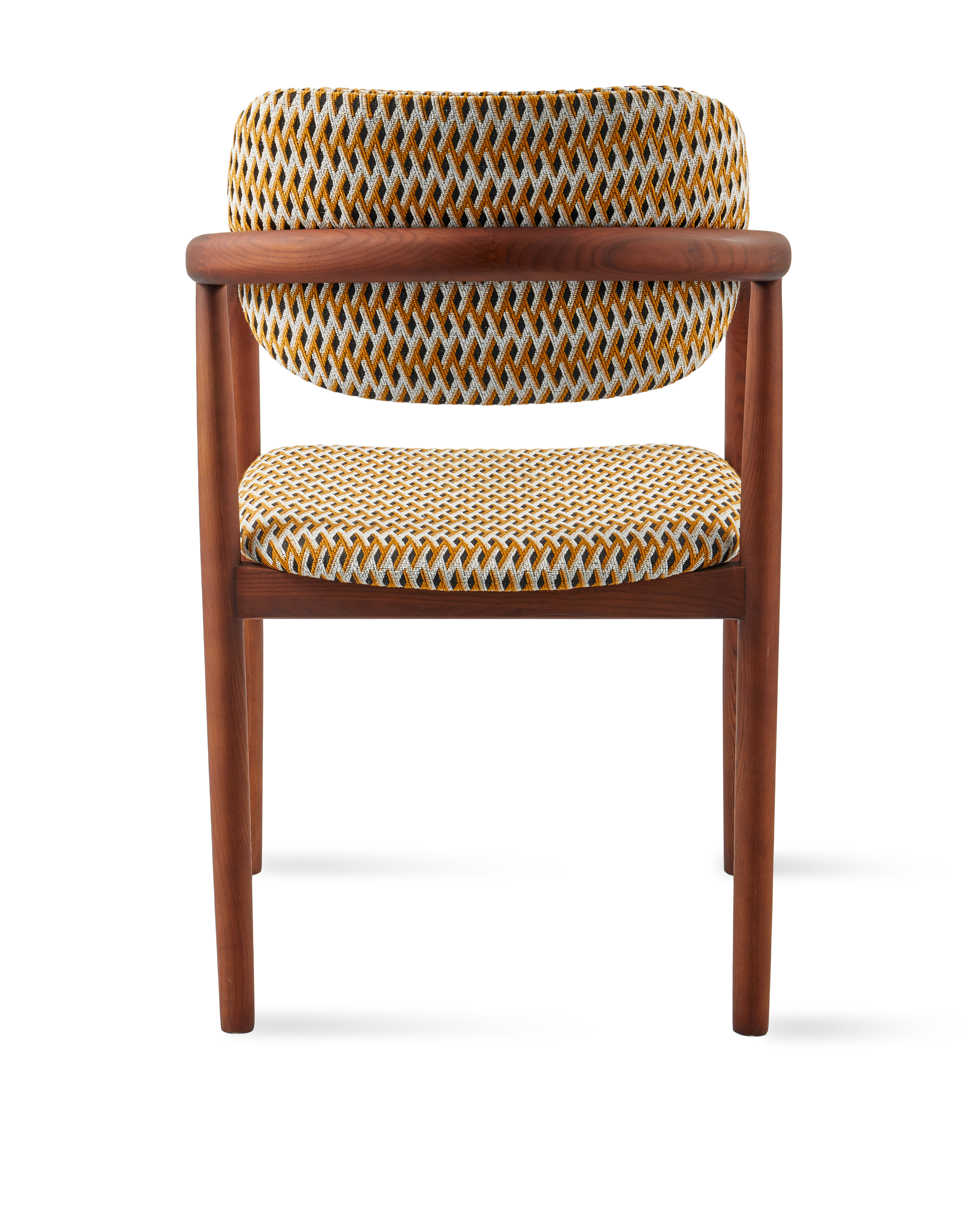 Krzesło z podłokietnikami HENRY orche w geometryczny wzór z drewnianą podstawą