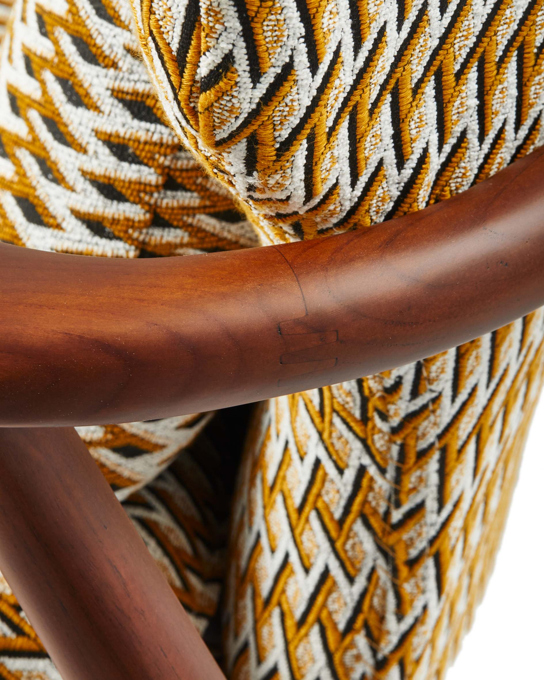 PEGGY Armchair in Orchid with Geometric Patterns and Wooden Base