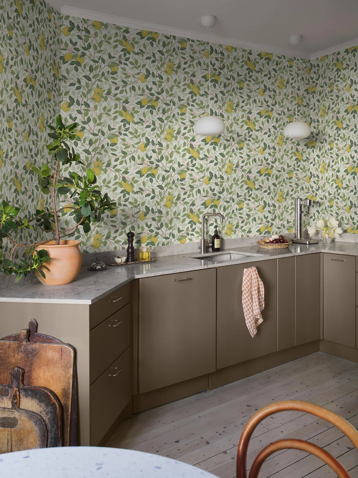 Tapeta flizelinowa papierowa z roślinnym wzorem CITRONTRÄD biały z zielonym