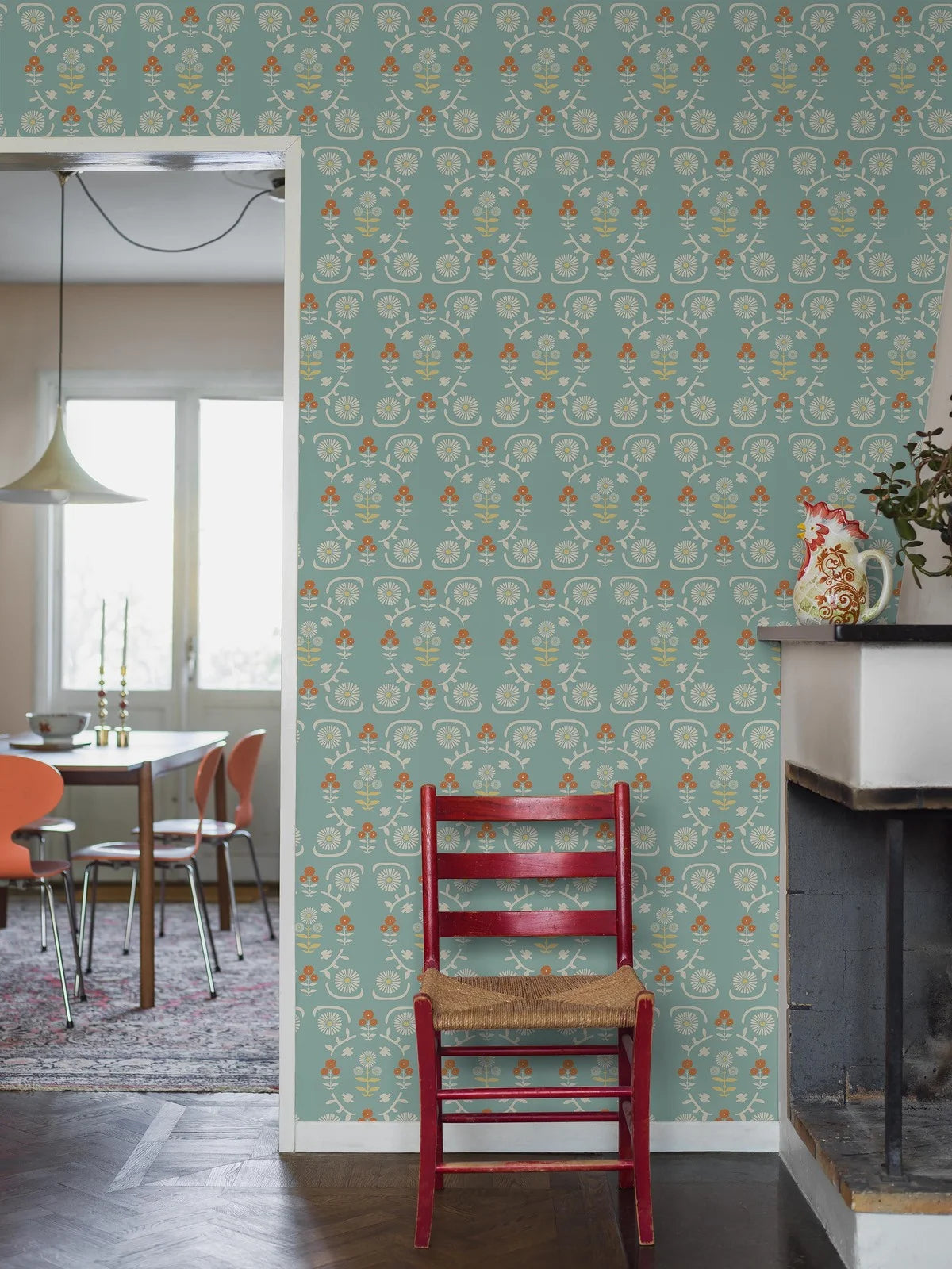 ISOLDE Blue Floral Plant Motif Wallpaper with Cream