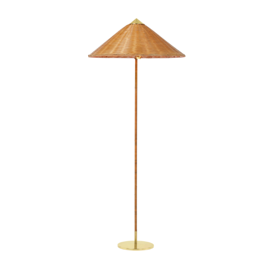 Stehlampe 9602 Messing mit einem Lampenschirm aus Rattan