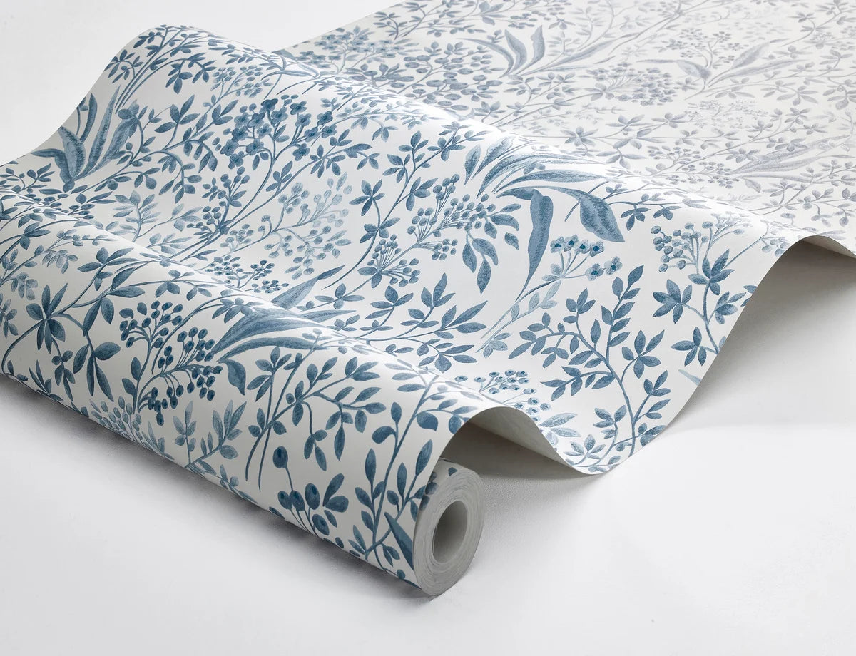 Tapeta flizelinowa papierowa z roślinnym wzorem NOCTURNE niebieski z jasnobeżowym