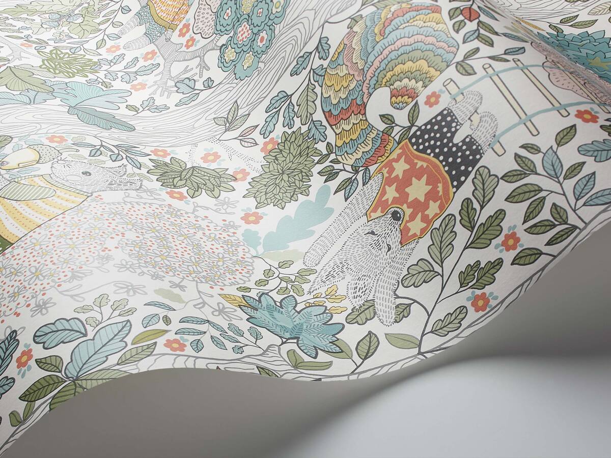 Tapeta dziecięca z motywem baśniowego lasu CHARLIE biały z zielonym