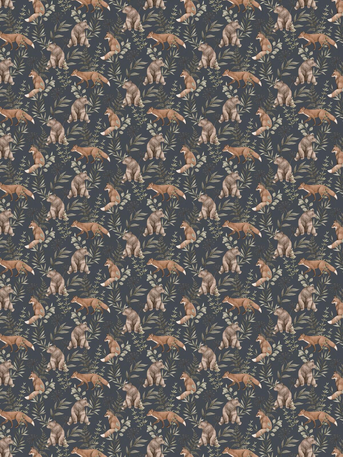 Wild Forest Black Children's Wallpaper with Plant and Animal Motif