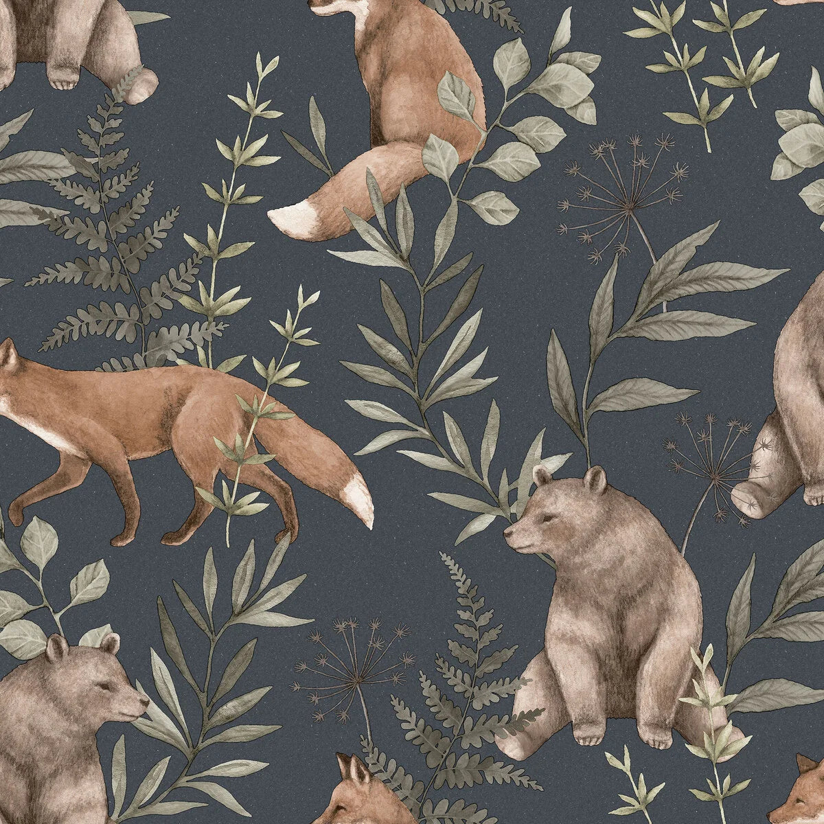 Wild Forest Black Children's Wallpaper with Plant and Animal Motif