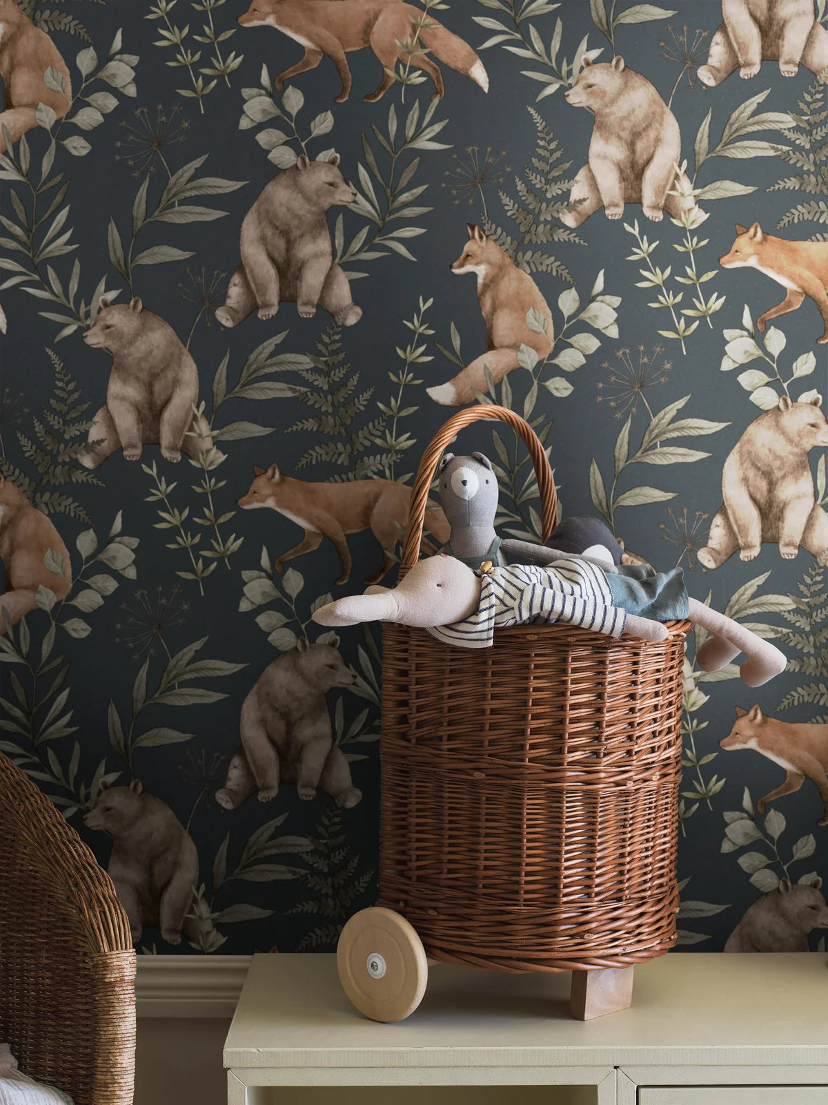 Wild Forest Black Children's Wallpaper with Plant and Animal Motif