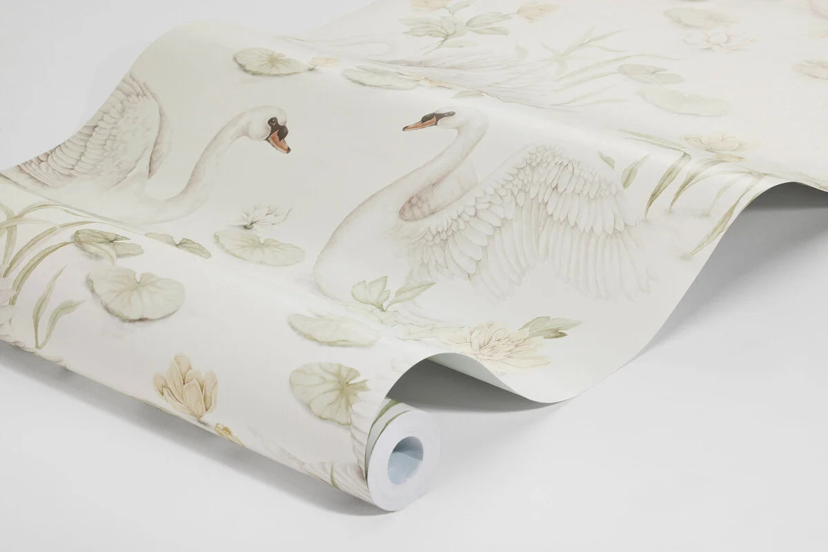 Tapete für Kinder mit pflanzlichem und tierischem Motiv LILY SWAN warmweiß