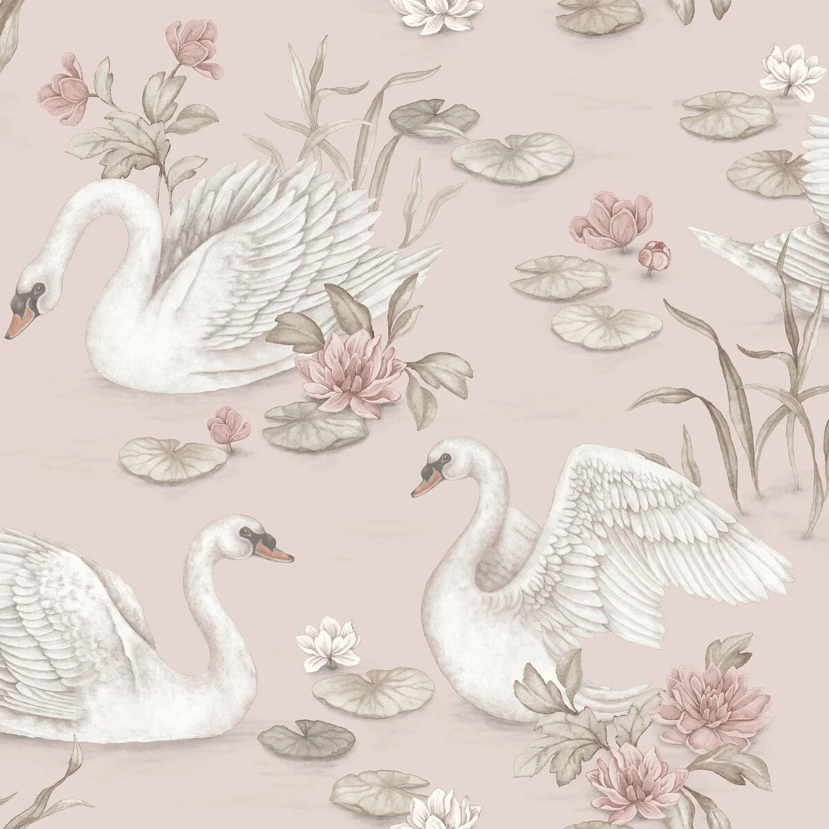 Children's wallpaper with a floral and animal motif LILY SWAN pink