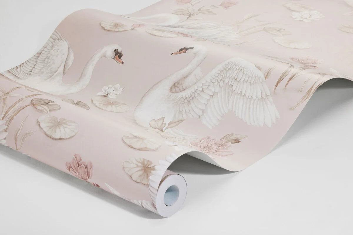 Children's wallpaper with a floral and animal motif LILY SWAN pink