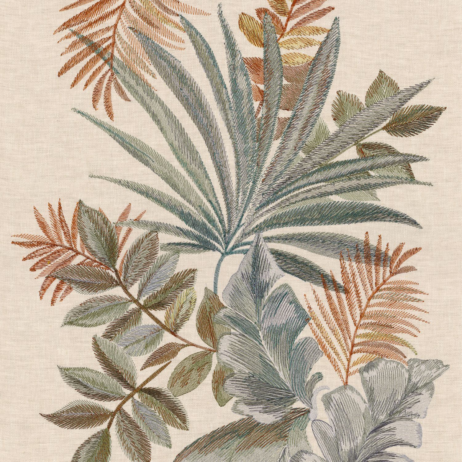 Textile wallpaper with a plant motif of leaves JARDIN EPHEMERE - EARTH OF SIENNA muted pink with green