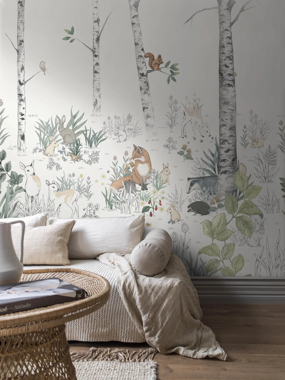 Mural dziecięcy z krajobrazem lasu MAGIC FOREST ciepły biały