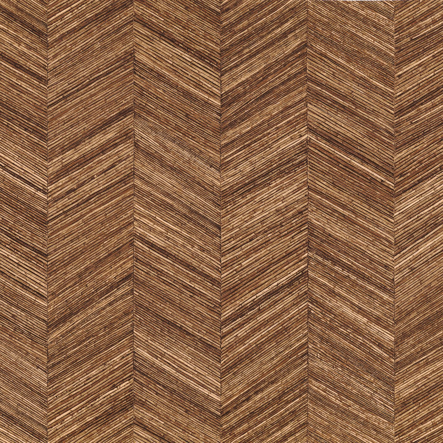 Geometric structural wallpaper imitating wood with a herringbone pattern OCOTEA - NOYER walnut brown