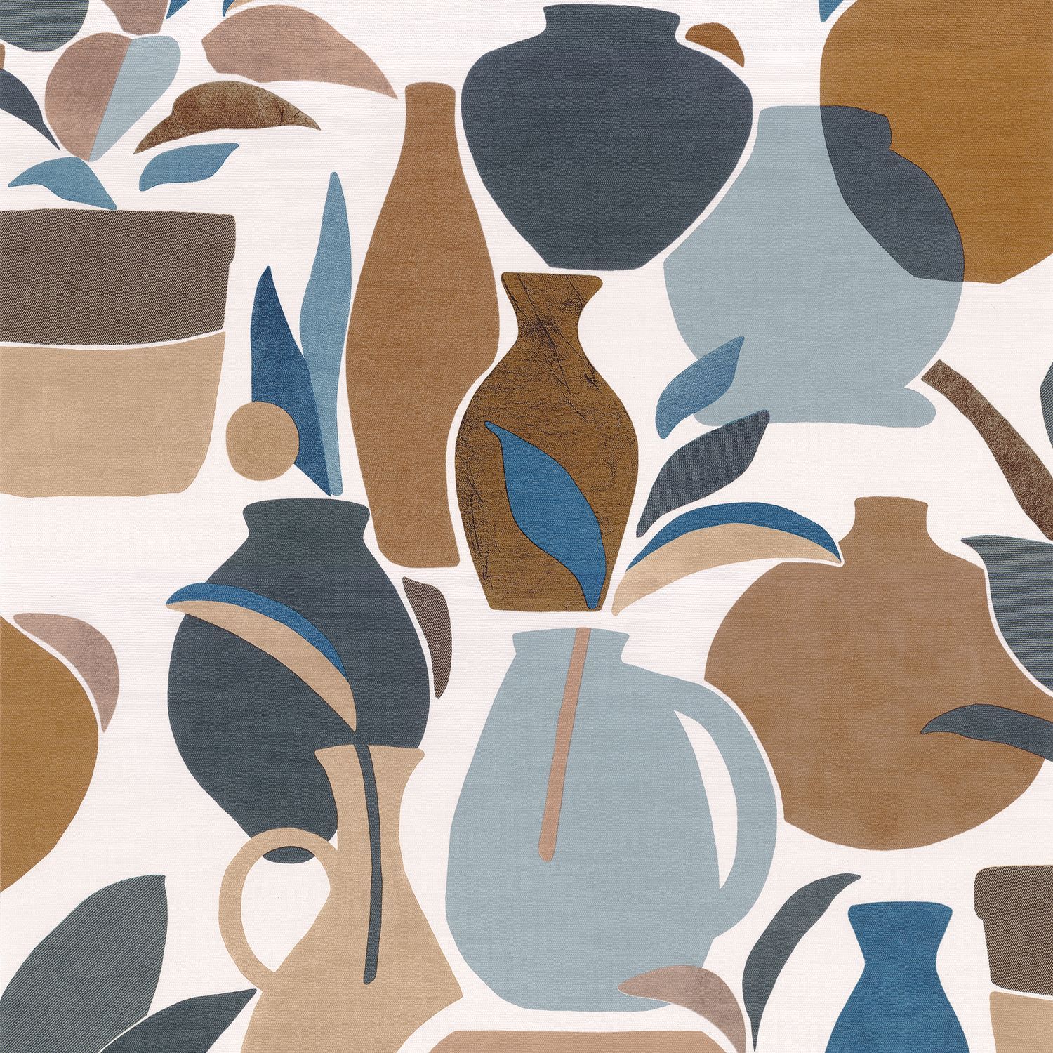 Structural wallpaper with vase motif VALLAURIS - CAMEL/MARINE blue with brown