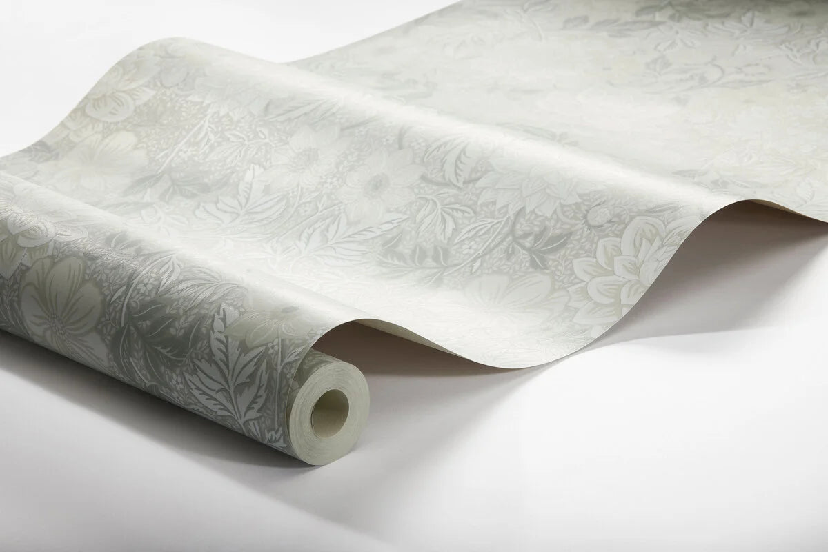 Tapeta flizelinowa papierowa z roślinnym wzorem DAHLIA GARDEN szarobeżowy z białym