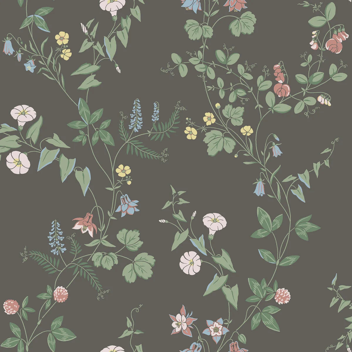 MIDSUMMER EVE dark brown floral and leaf patterned wallpaper with green