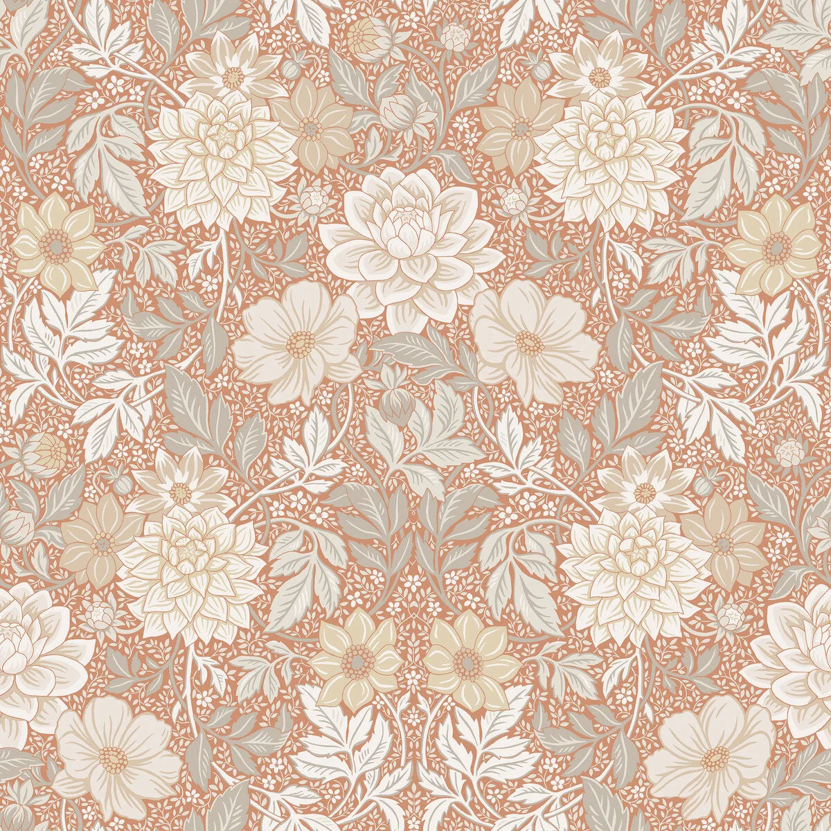 Non-woven paper wallpaper with a floral pattern DAHLIA GARDEN terracotta with warm white