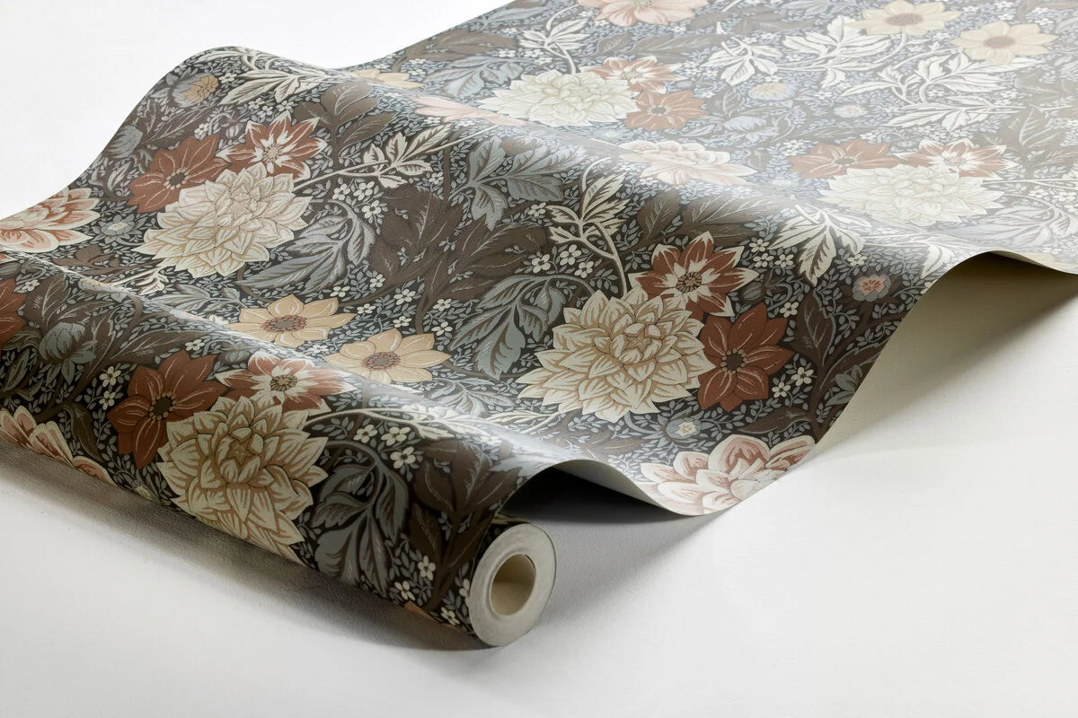 Tapeta flizelinowa papierowa z roślinnym wzorem DAHLIA GARDEN brązowy z beżowym i różowym