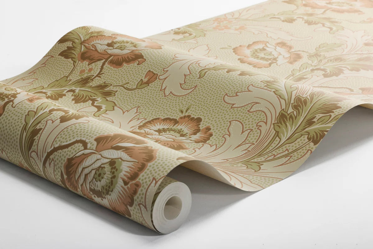 Non-woven paper wallpaper with a botanical pattern GÖTEBORG beige with green