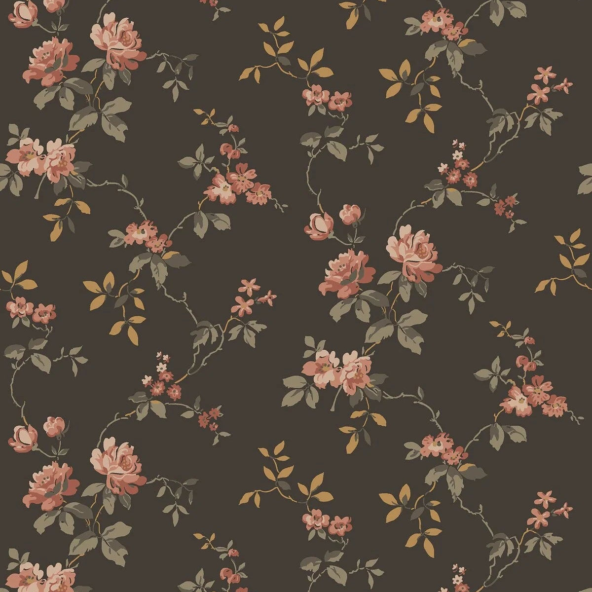 Non-woven paper wallpaper with a floral pattern VÄRMDÖ brown with pink
