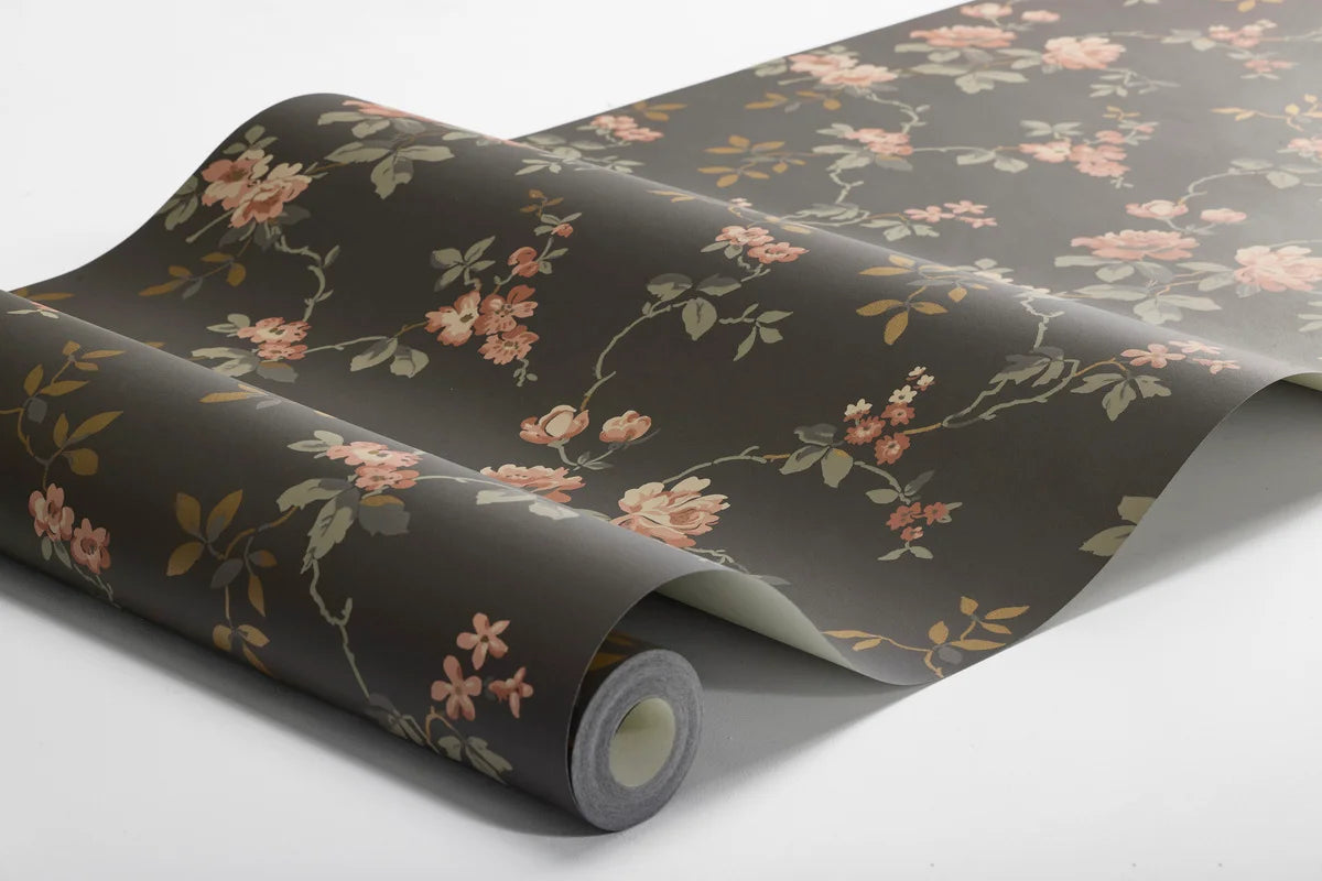 Non-woven paper wallpaper with a floral pattern VÄRMDÖ brown with pink