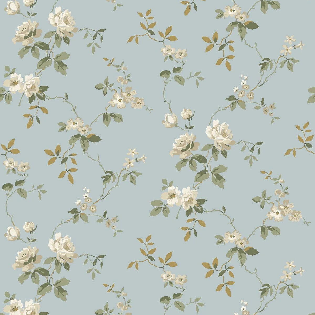 Non-woven paper wallpaper with a plant pattern VÄRMDÖ blue with white