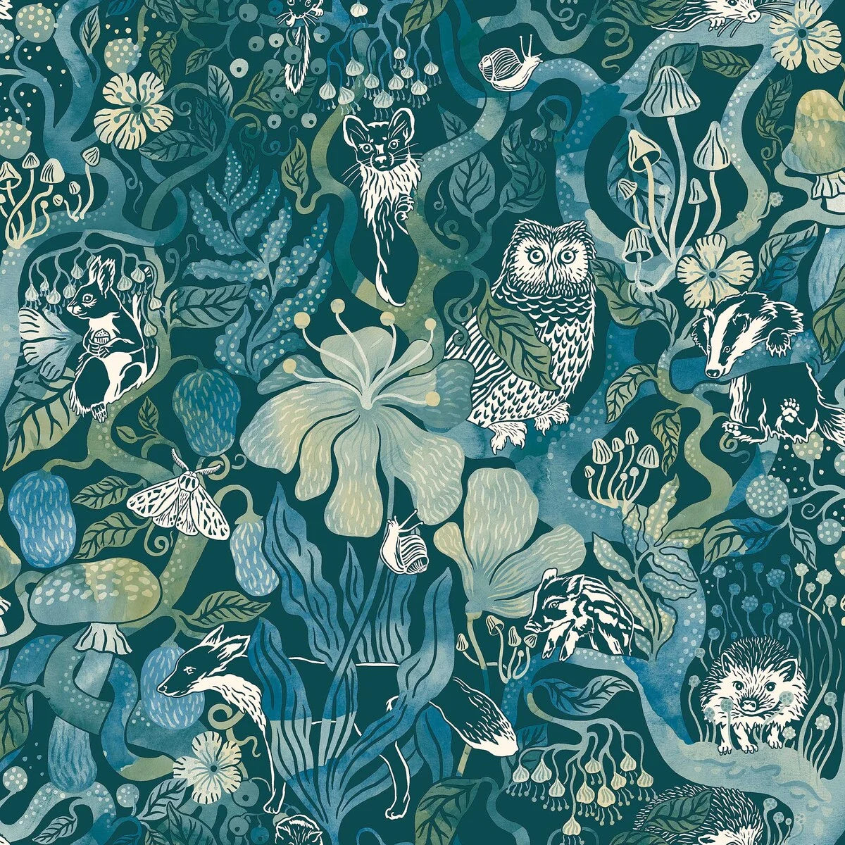 Tapeta dziecięca z motywem baśniowego lasu MAGIC WOODS turkusowy