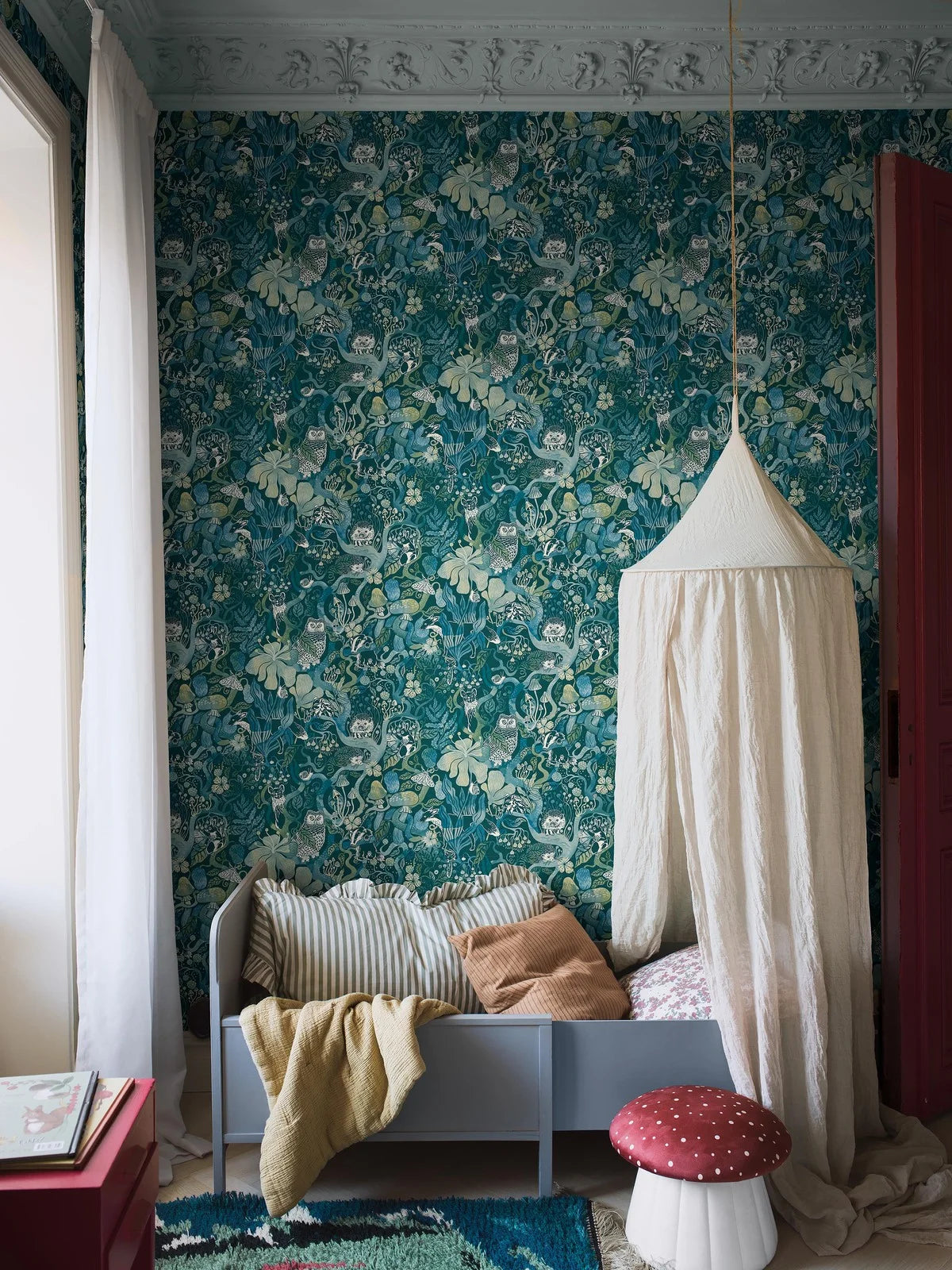 Tapeta dziecięca z motywem baśniowego lasu MAGIC WOODS turkusowy