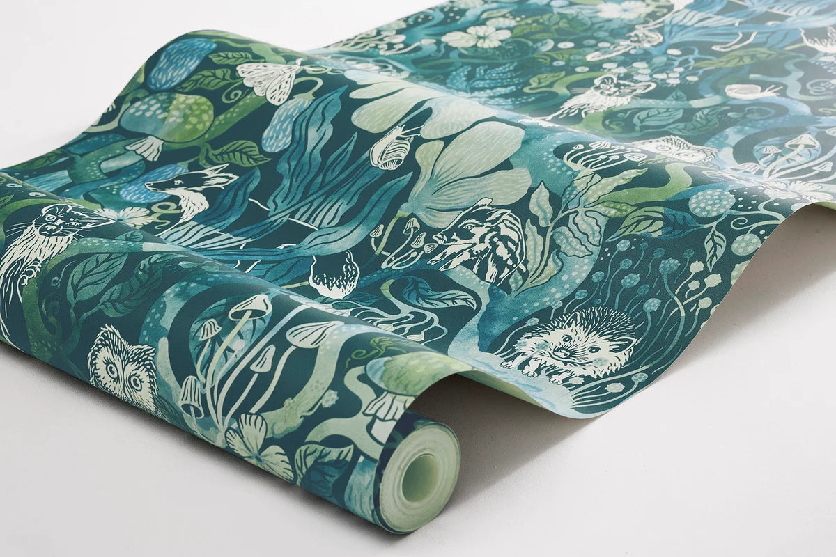 Tapeta dziecięca z motywem baśniowego lasu MAGIC WOODS turkusowy