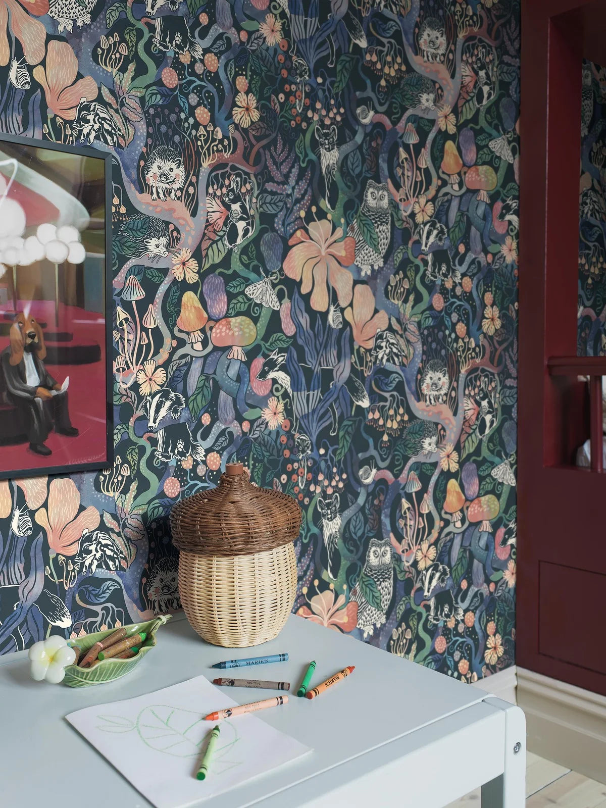 Tapeta dziecięca z motywem baśniowego lasu MAGIC WOODS niebieski z różowym