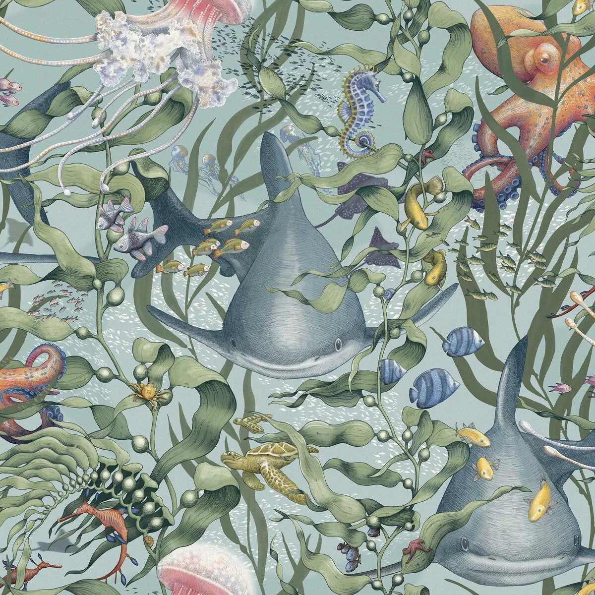 Tapeta dziecięca z motywem morskich zwierząt UNDERWATER MAGIC turkusowy