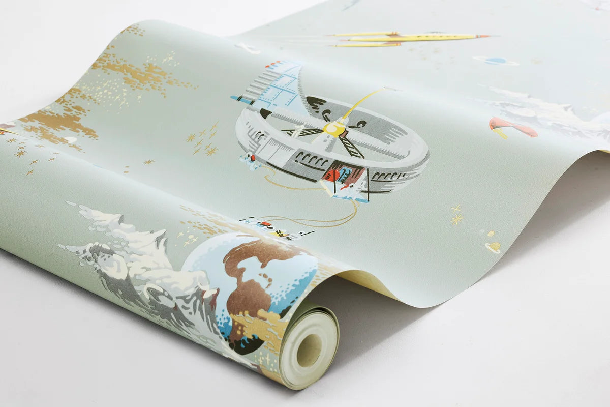 Tapete für Kinder mit dem Motiv Weltraum ABENTEUER in gedämpftem Grün