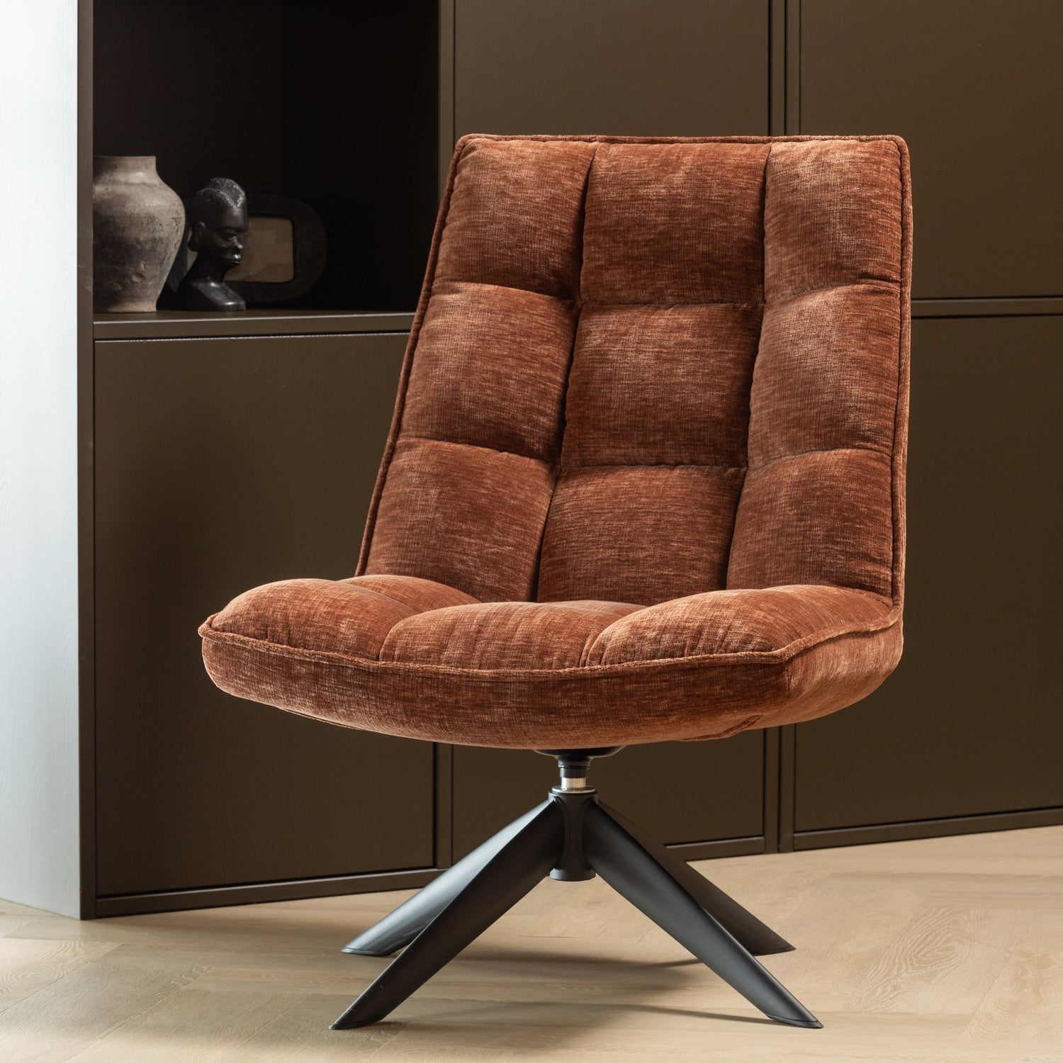 JOUKE Swivel Armchair in Rusty Brown Chenille