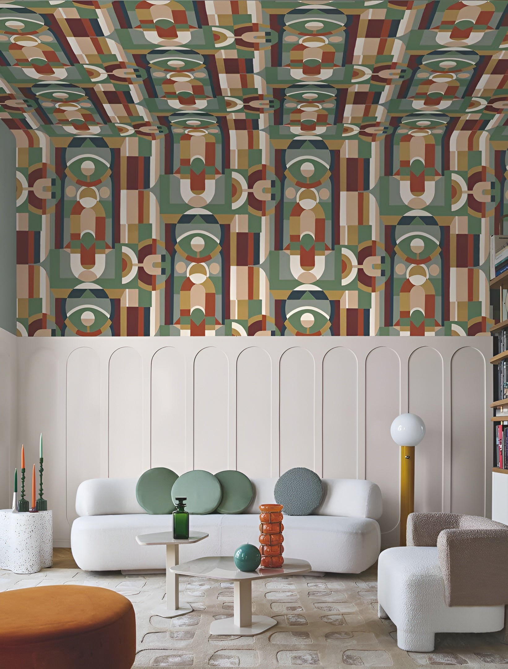 Tapete mit geometrischem Glasmalerei-Motiv VITRAIL - MULTICO orange mit grün und bordeaux