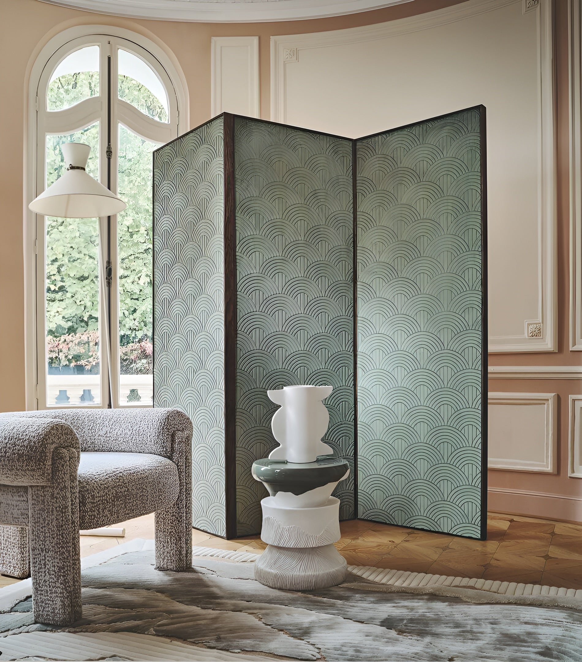 Tapeta tekstylna z geometrycznym wzorem VOLUTIS - MOUTARDE musztardowy