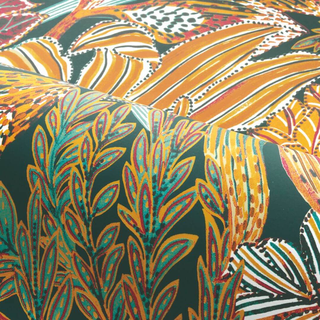 Tapeta flizelinowa z motywem roślinnym BORROMMEE - PÉTROLE/MULTICO turkusowy z zielonym