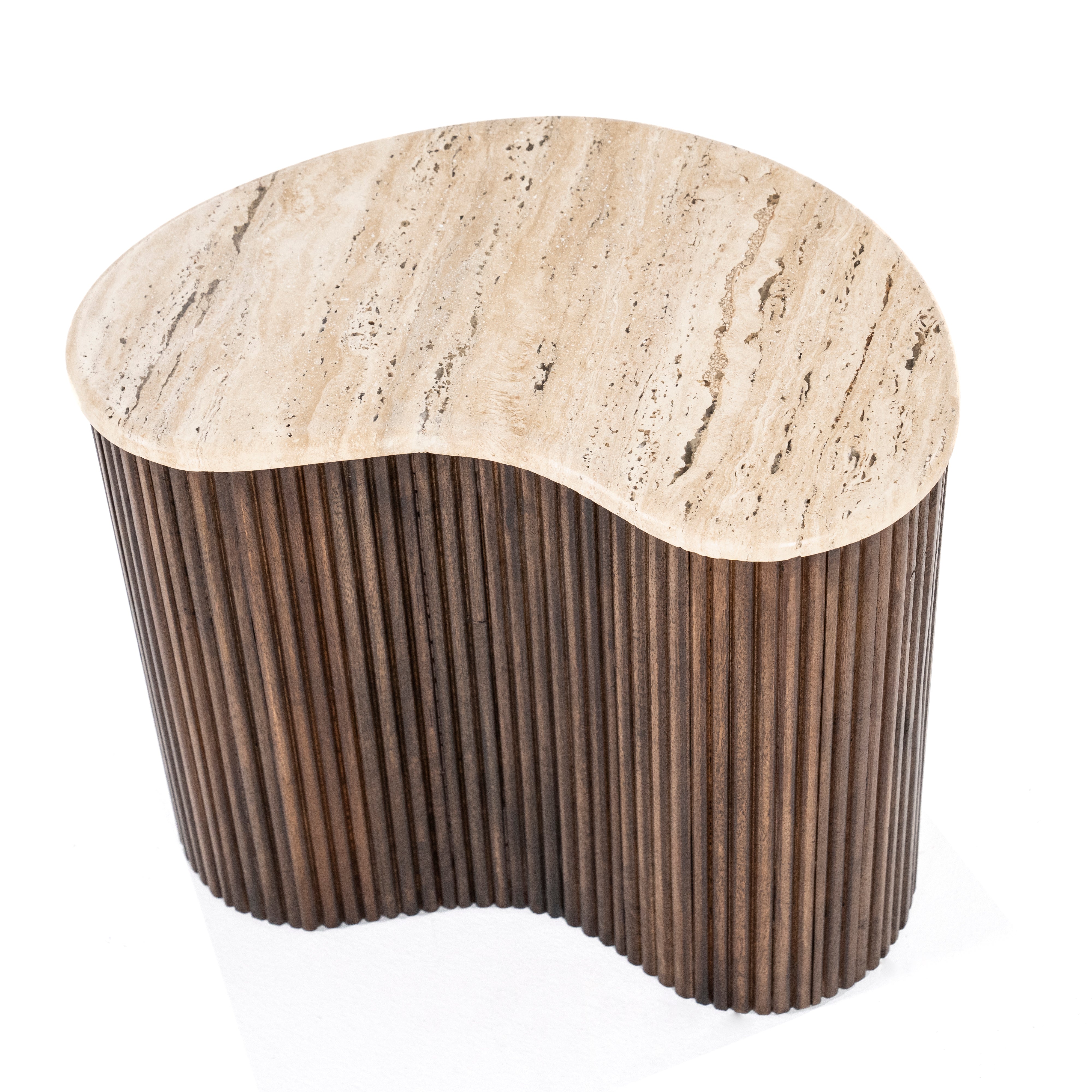 MARI side table made of mango wood with a travertine top