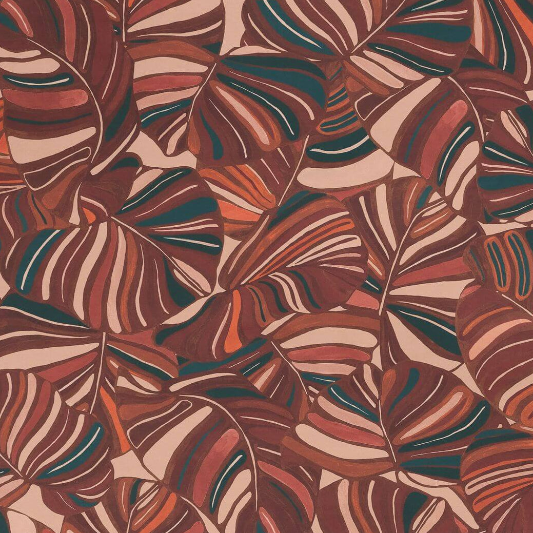 Textile wallpaper with a tropical leaf pattern PACHIRA - PURPLE red