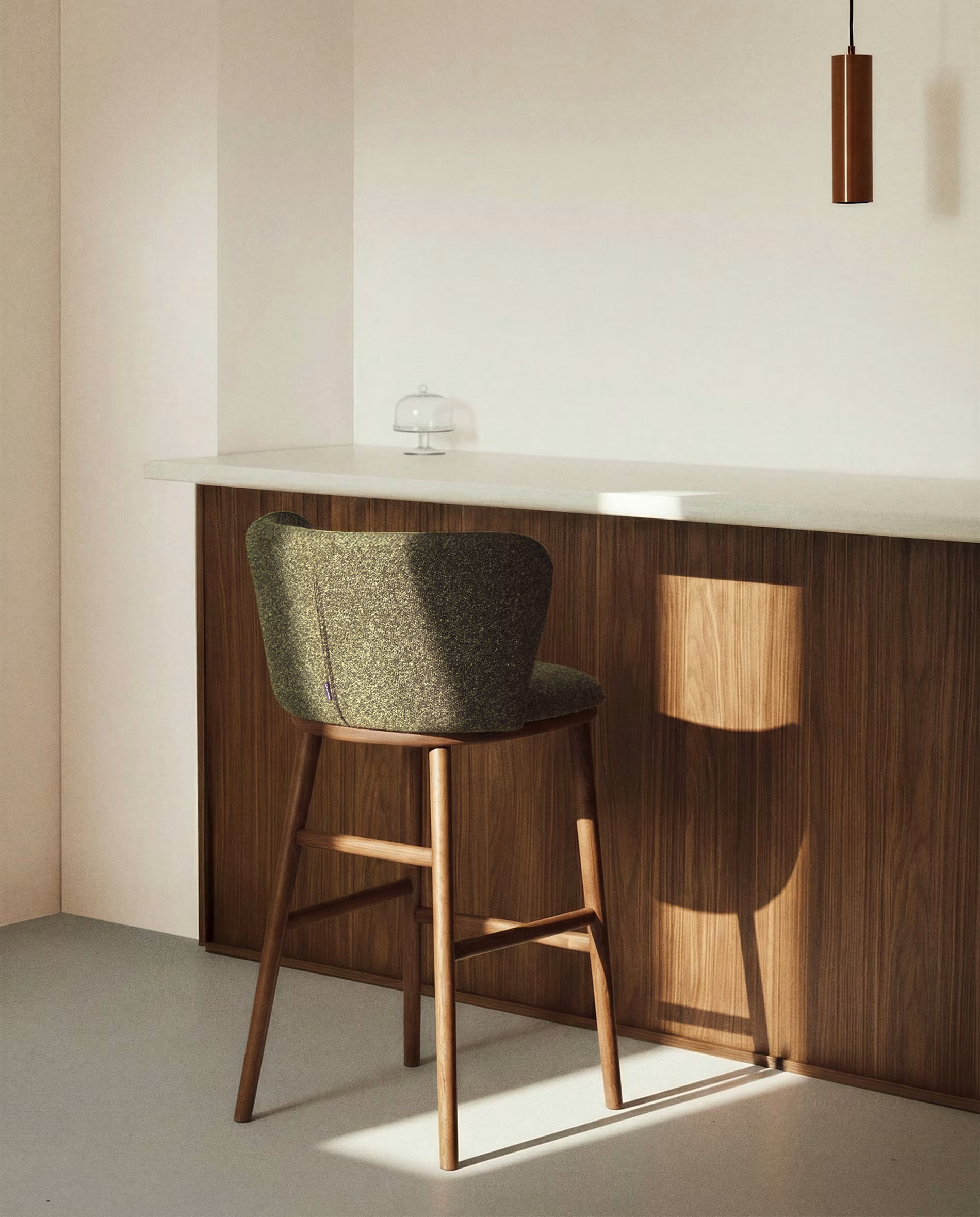 Bar stool CISELIA dark green chenille with dark ash base